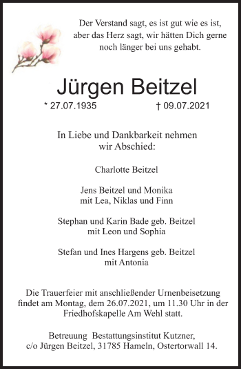 Traueranzeige von Jürgen Beitzel von Deister- und Weserzeitung