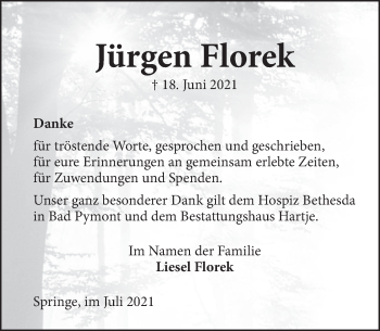 Traueranzeige von Jürgen Florek von Neue Deister-Zeitung