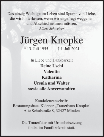 Traueranzeige von Jürgen Knopke von Deister- und Weserzeitung