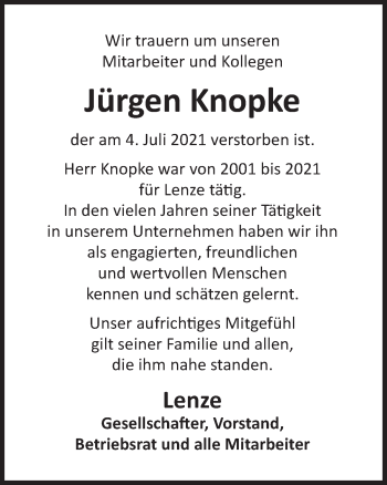Traueranzeige von Jürgen Knopke von Deister- und Weserzeitung