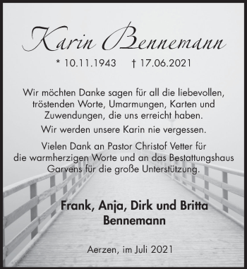 Traueranzeige von Karin Bennemann von Deister- und Weserzeitung