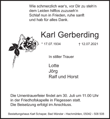 Traueranzeige von Karl Gerberding von Neue Deister-Zeitung