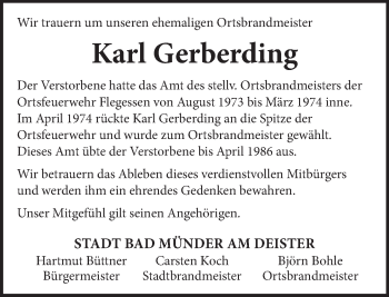 Traueranzeige von Karl Gerberding von Neue Deister-Zeitung