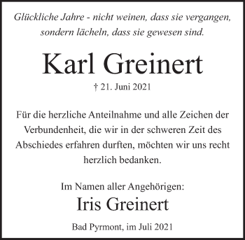 Traueranzeige von Karl Greinert von Deister- und Weserzeitung