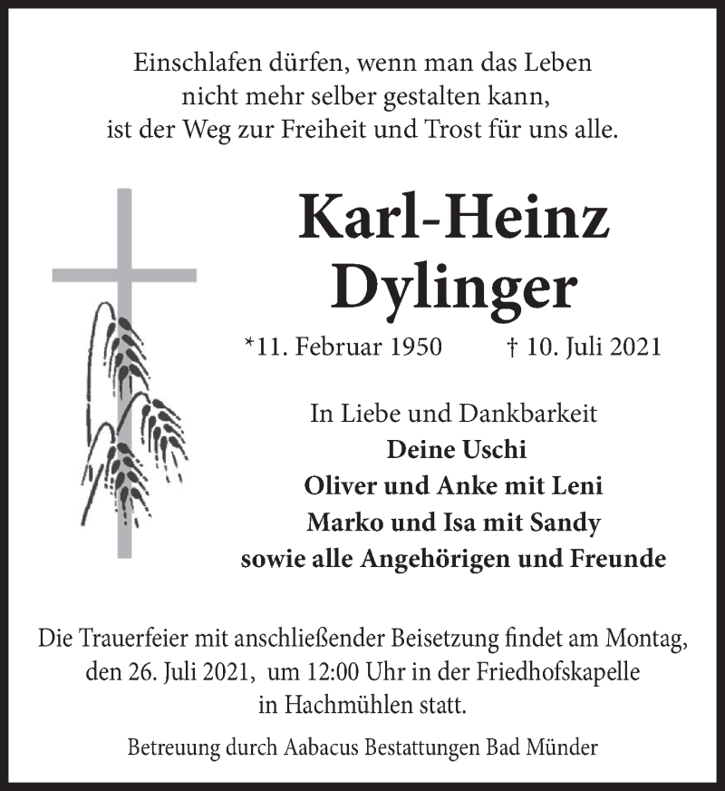  Traueranzeige für Karl-Heinz Dylinger vom 24.07.2021 aus Deister- und Weserzeitung