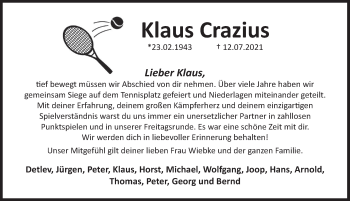 Traueranzeige von Klaus Crazius von Deister- und Weserzeitung