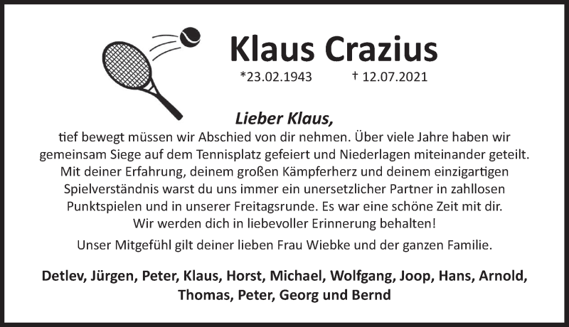  Traueranzeige für Klaus Crazius vom 17.07.2021 aus Deister- und Weserzeitung