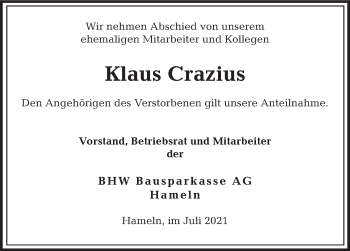 Traueranzeige von Klaus Crazius von Deister- und Weserzeitung