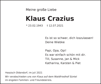Traueranzeige von Klaus Crazius von Deister- und Weserzeitung