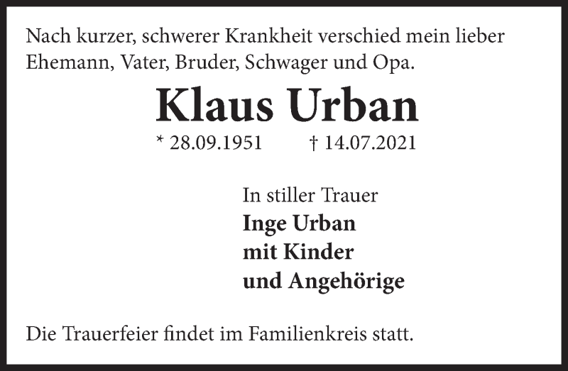  Traueranzeige für Klaus Urban vom 17.07.2021 aus Deister- und Weserzeitung