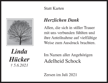 Traueranzeige von Linda Hücker von Deister- und Weserzeitung