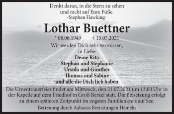 Traueranzeige von Lothar Buettner von Deister- und Weserzeitung