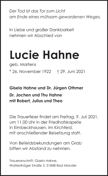 Traueranzeige von Lucie Hahne von Neue Deister-Zeitung