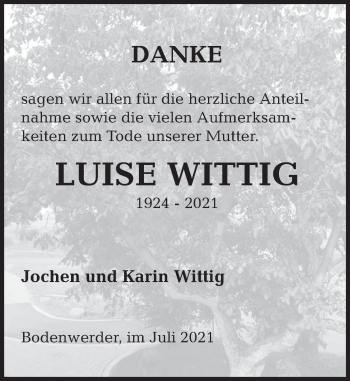 Traueranzeige von Luise Wittig von Deister- und Weserzeitung
