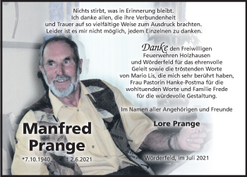 Traueranzeige von Manfred Prange von Deister- und Weserzeitung