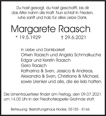 Traueranzeige von Margarete Raasch von Deister- und Weserzeitung