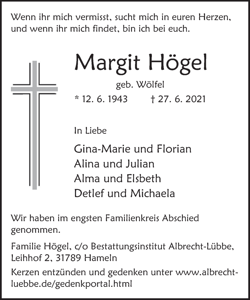  Traueranzeige für Margit Högel vom 10.07.2021 aus Deister- und Weserzeitung