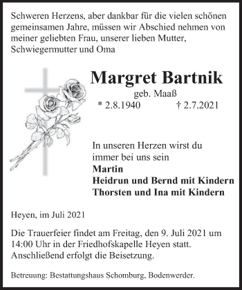 Traueranzeige von Margret Bartnik von Deister- und Weserzeitung