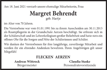 Traueranzeige von Margret Behrendt von Deister- und Weserzeitung