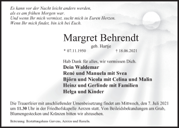 Traueranzeige von Margret Behrendt von Deister- und Weserzeitung