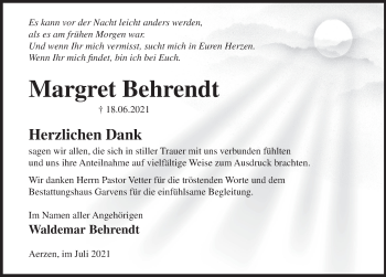 Traueranzeige von Margret Behrendt von Deister- und Weserzeitung