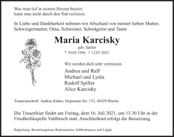 Traueranzeige von Maria Karcisky von Deister- und Weserzeitung