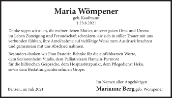 Traueranzeige von Maria Wömpener von Deister- und Weserzeitung
