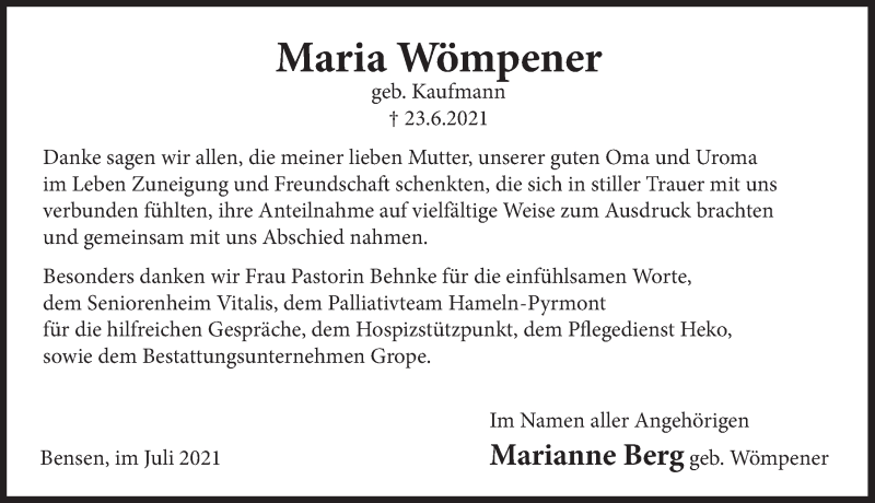  Traueranzeige für Maria Wömpener vom 10.07.2021 aus Deister- und Weserzeitung