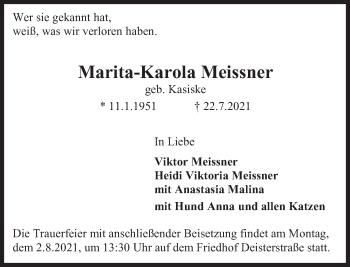 Traueranzeige von Marita-Karola Meissner von Deister- und Weserzeitung