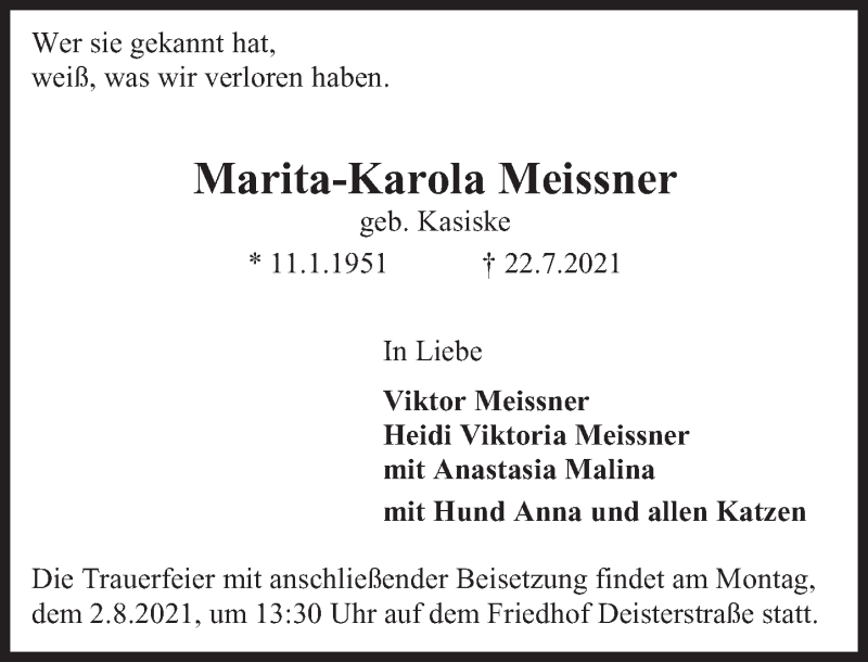  Traueranzeige für Marita-Karola Meissner vom 31.07.2021 aus Deister- und Weserzeitung