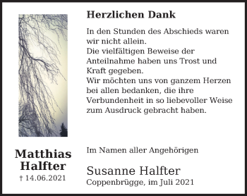 Traueranzeige von Matthias Halfter von Deister- und Weserzeitung