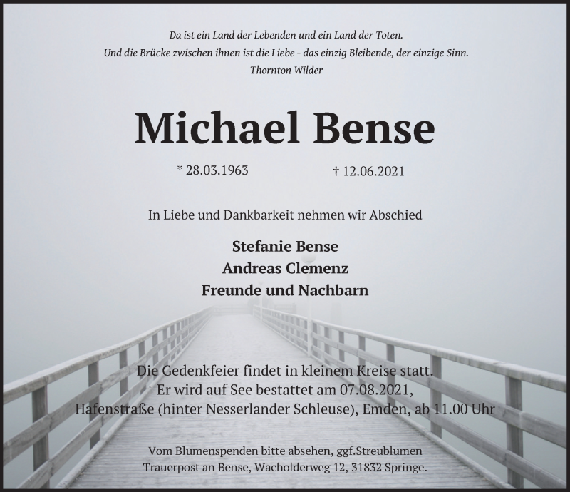  Traueranzeige für Michael Bense vom 10.07.2021 aus Neue Deister-Zeitung