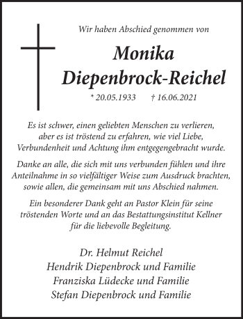 Traueranzeige von Monika Diepenbrock-Reichel von Deister- und Weserzeitung