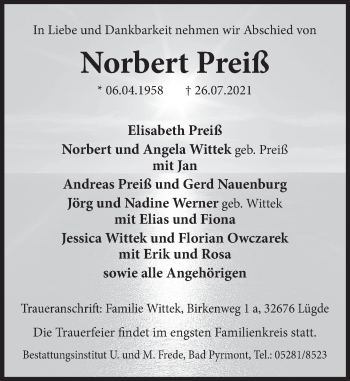 Traueranzeige von Norbert Preiß von Deister- und Weserzeitung