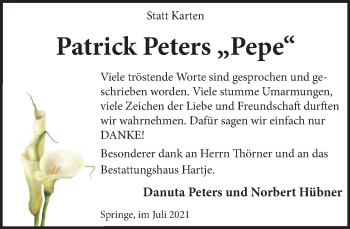 Traueranzeige von Patrick Peters von Neue Deister-Zeitung