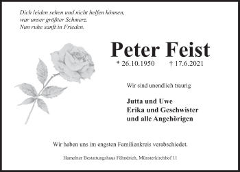 Traueranzeige von Peter Feist von Deister- und Weserzeitung