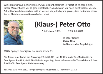 Traueranzeige von Peter Otto von Neue Deister-Zeitung
