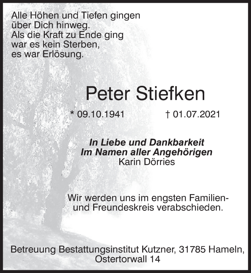  Traueranzeige für Peter Stiefken vom 10.07.2021 aus Deister- und Weserzeitung