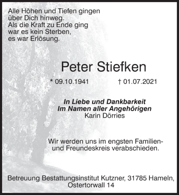 Traueranzeige von Peter Stiefken von Deister- und Weserzeitung