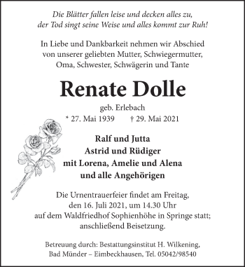 Traueranzeige von Renate Dolle von Neue Deister-Zeitung