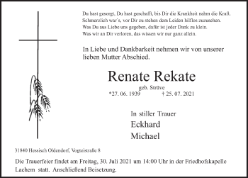 Traueranzeige von Renate Rekate von Deister- und Weserzeitung