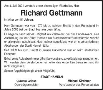 Traueranzeige von Richard Gettmann von Deister- und Weserzeitung