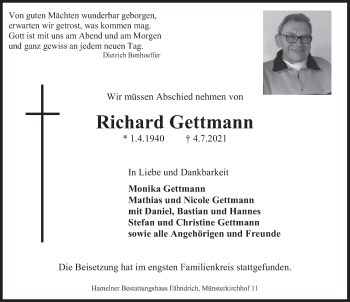 Traueranzeige von Richard Gettmann von Deister- und Weserzeitung