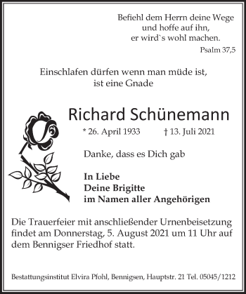 Traueranzeige von Richard Schünemann von Neue Deister-Zeitung