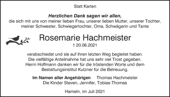 Traueranzeige von Rosemarie Hachmeister von Deister- und Weserzeitung