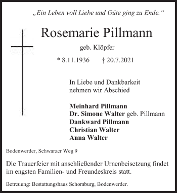 Traueranzeige von Rosemarie Pillmann von Deister- und Weserzeitung