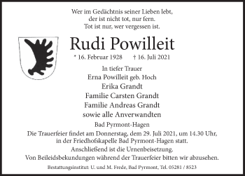 Traueranzeige von Rudi Powilleit von Deister- und Weserzeitung