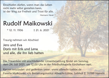 Traueranzeige von Rudolf Maikowski von Deister- und Weserzeitung