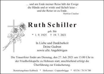 Traueranzeige von Ruth Schiller von Deister- und Weserzeitung