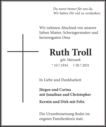 Traueranzeige von Ruth Troll von Neue Deister-Zeitung